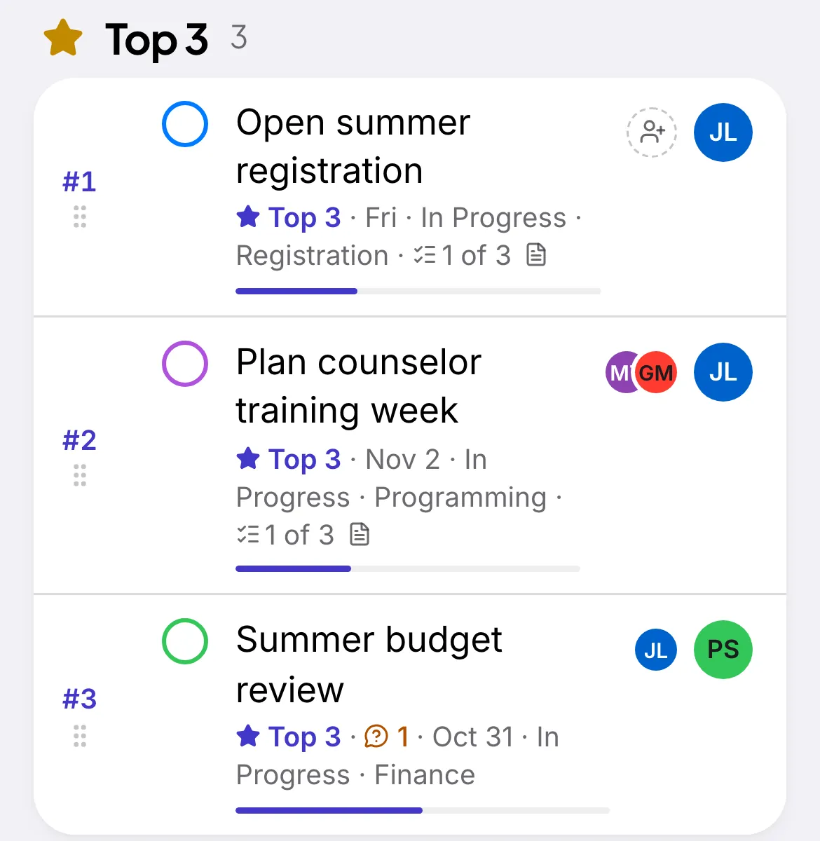 Tallywo's Top 3 list on the web: “Open summer registration” ranked first, “Plan counselor training week” second, and “Summer budget review” third.