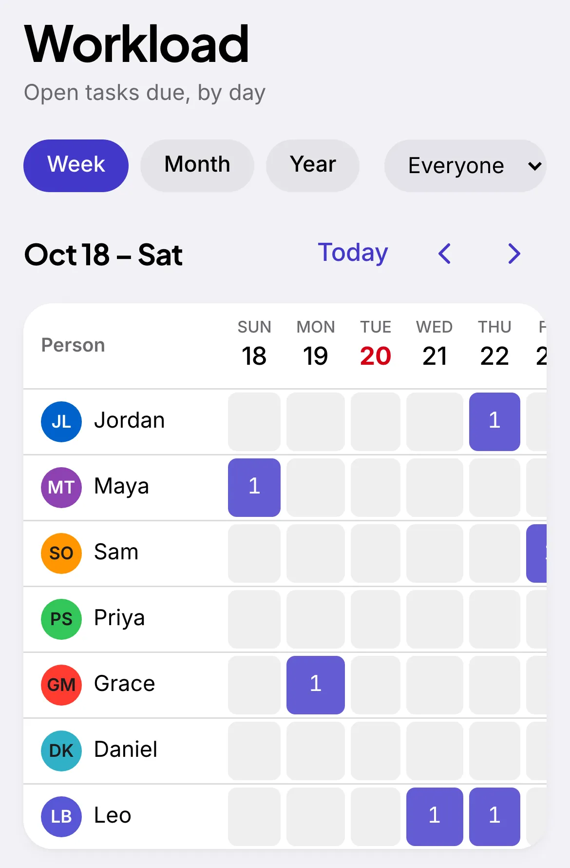 Tallywo's Workload grid on the web: one row per person (Jordan, Maya, Sam, Priya, Grace, Daniel, Leo) with the tasks each has due by day; Leo has tasks due two days in a row.